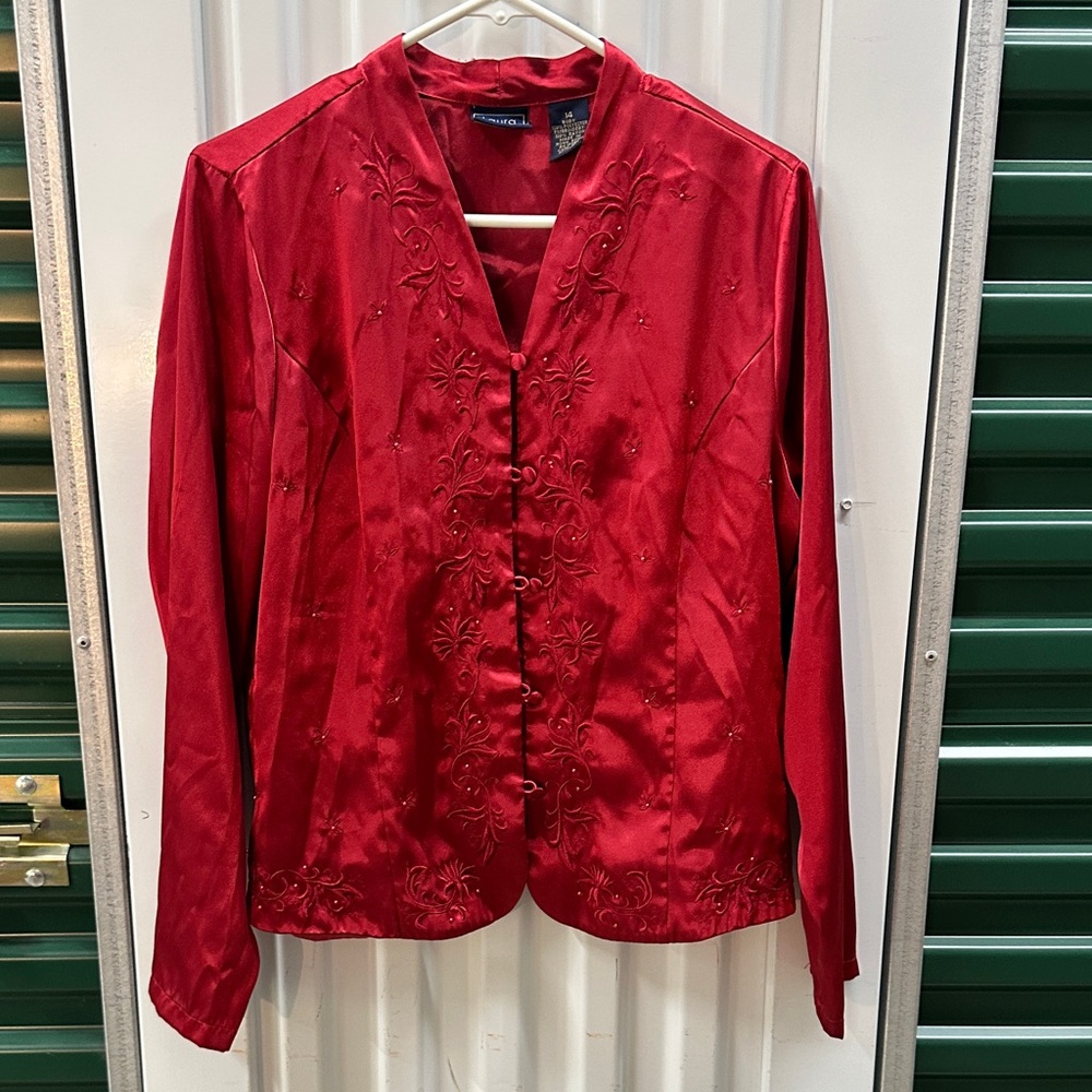 Laura Scott Red Embroidered Button-Up Blouse